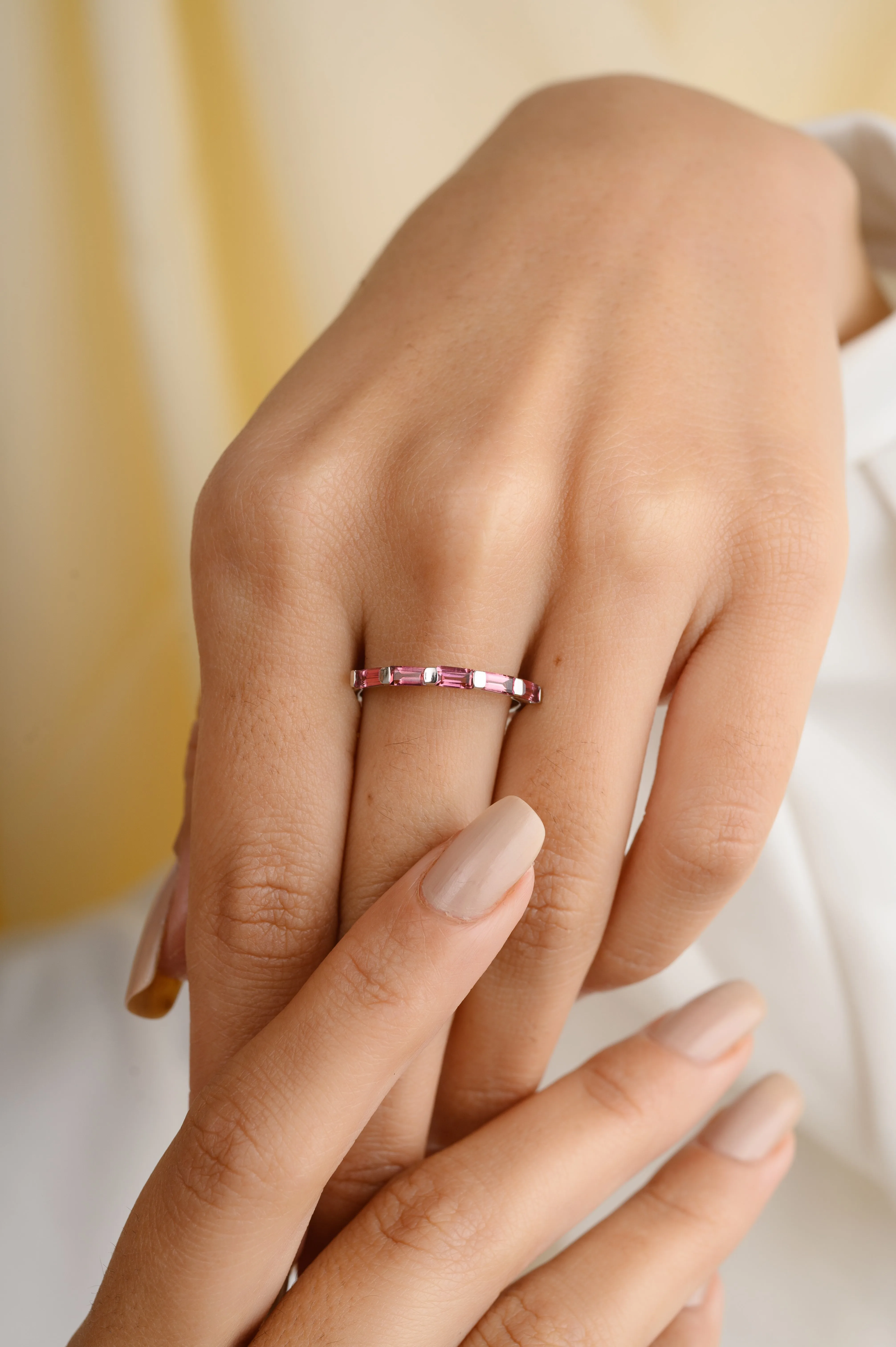 14K Gold Tourmaline Baguette Cut Dainty Band