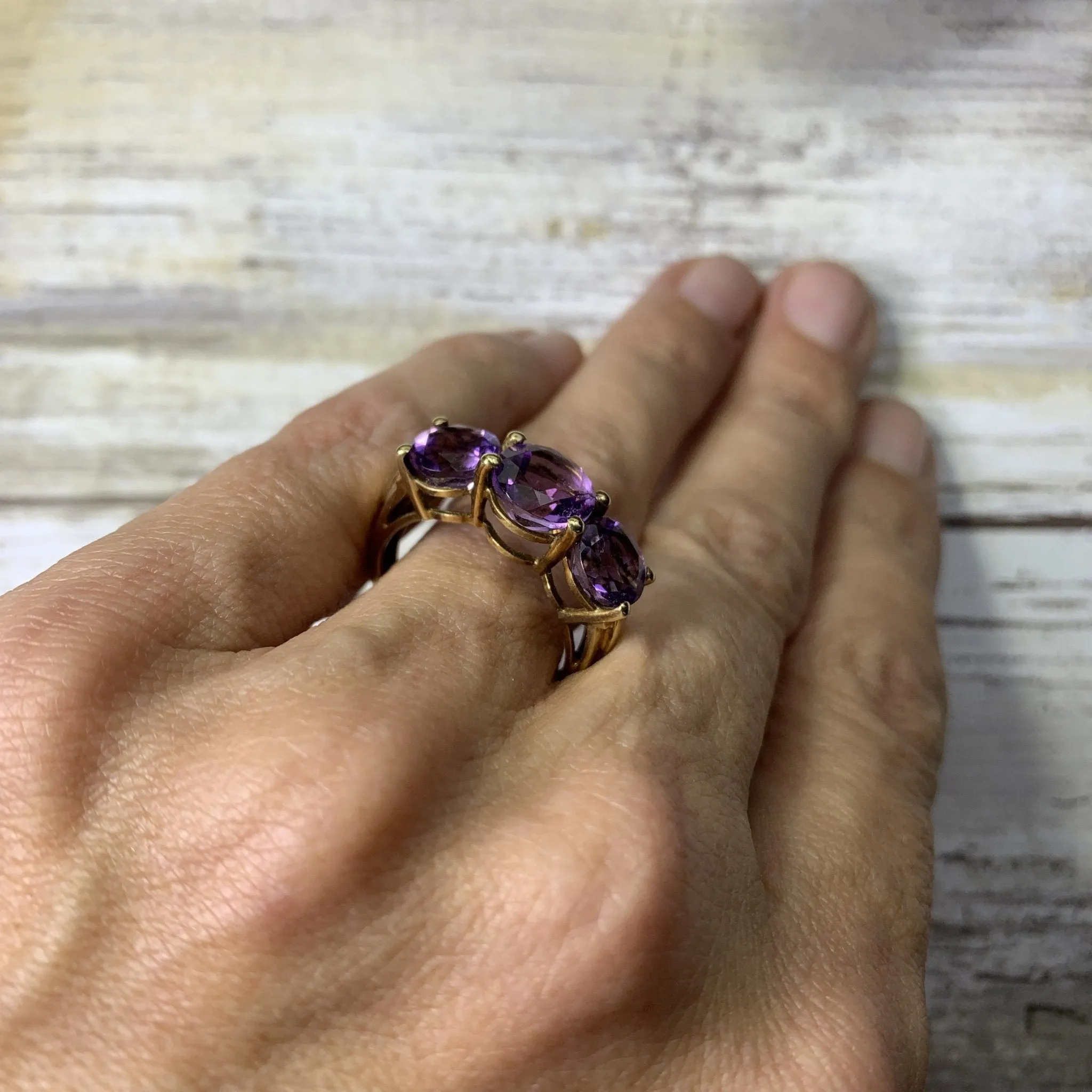 1970s Amethyst Ring with Three Bright Purple Gemstones set in Yellow Gold. February Birthstone.