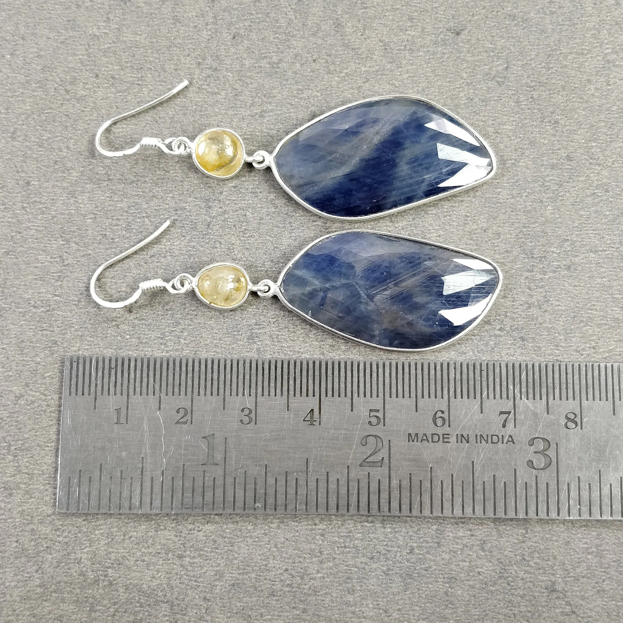 925 Sterling Silver BLUE YELLOW SAPPHIRE Bezel Set Earrings : 12.07gms Natural Untreated Drop Dangle Hook Earrings 2.65"