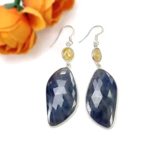 925 Sterling Silver BLUE YELLOW SAPPHIRE Bezel Set Earrings : 12.07gms Natural Untreated Drop Dangle Hook Earrings 2.65"