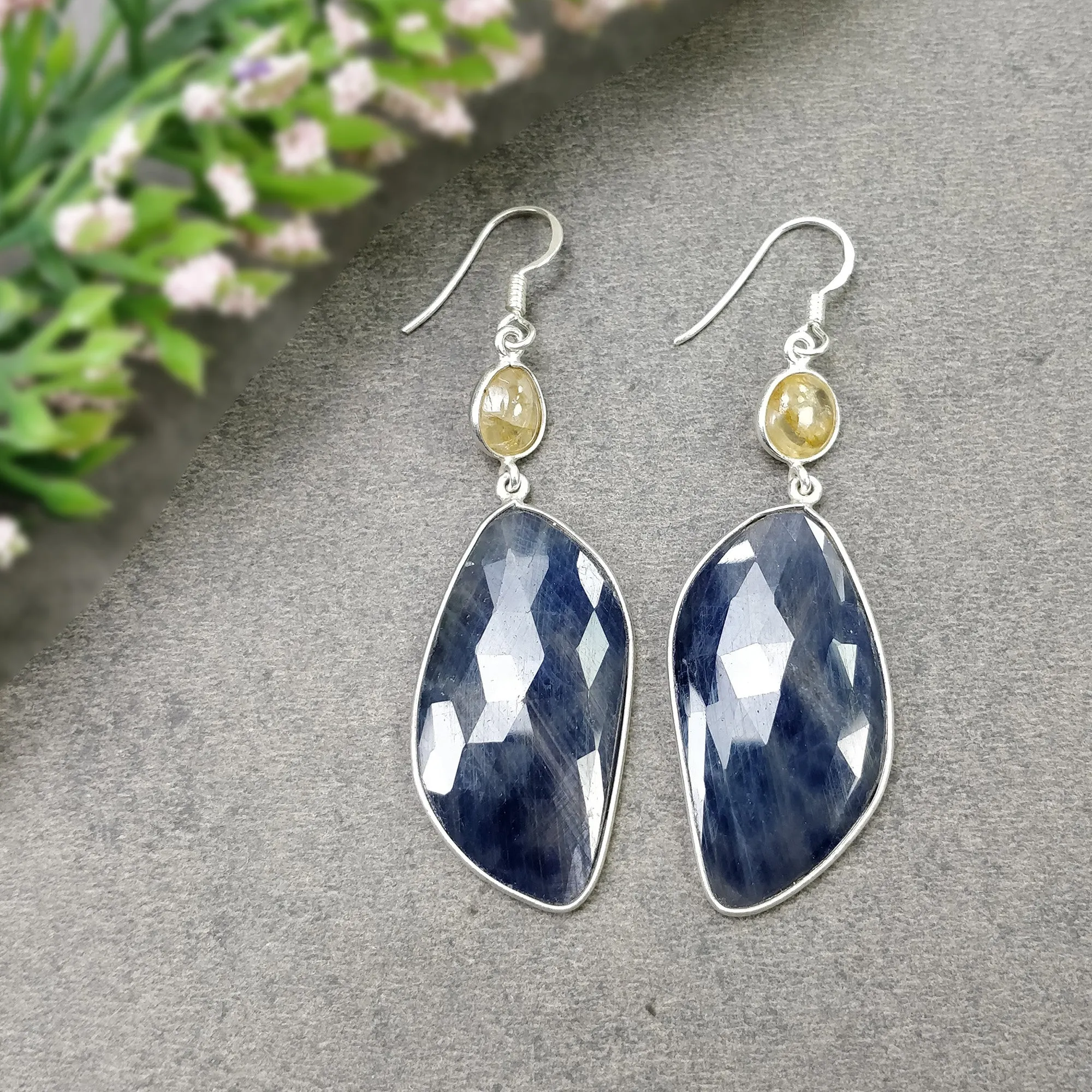 925 Sterling Silver BLUE YELLOW SAPPHIRE Bezel Set Earrings : 12.07gms Natural Untreated Drop Dangle Hook Earrings 2.65"