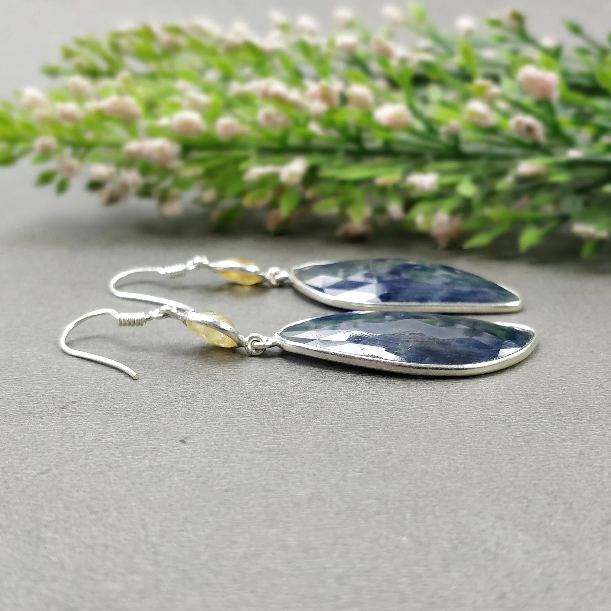 925 Sterling Silver BLUE YELLOW SAPPHIRE Bezel Set Earrings : 12.07gms Natural Untreated Drop Dangle Hook Earrings 2.65"