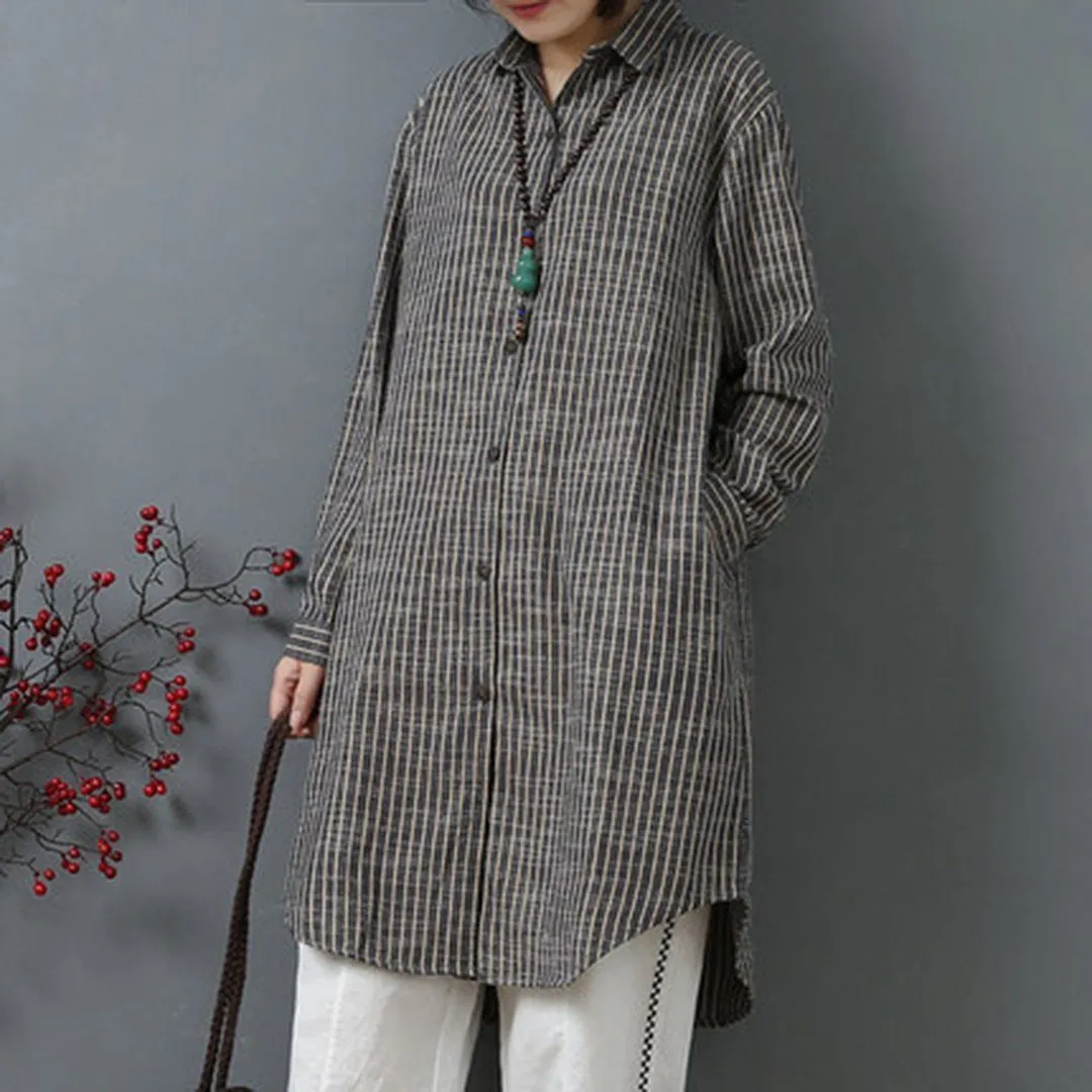 BABAKUD Women Loose Causal Stripes Linen Shirt