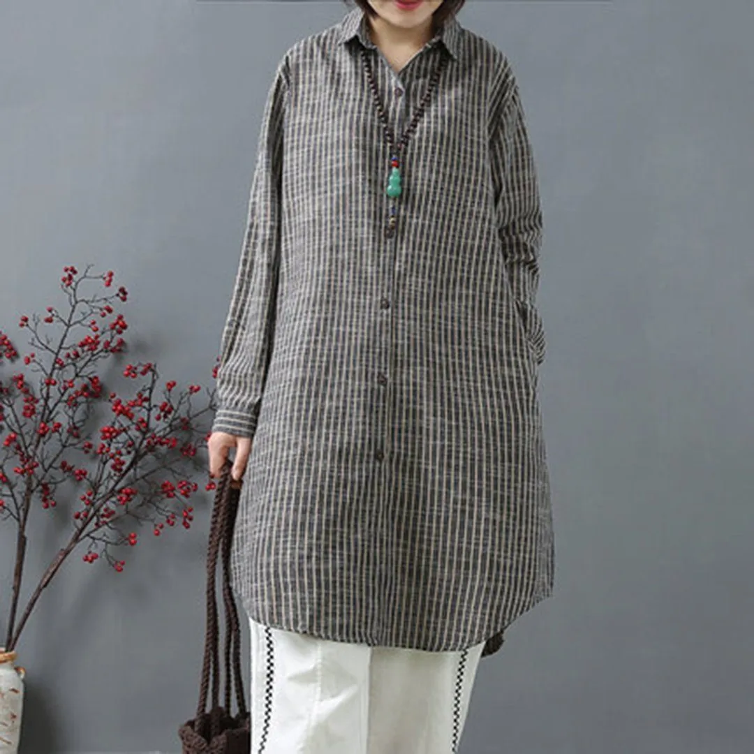 BABAKUD Women Loose Causal Stripes Linen Shirt