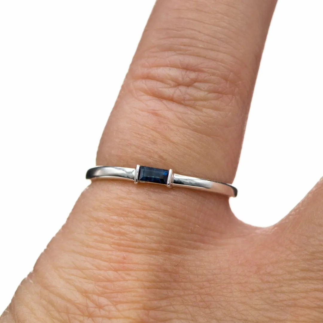 Baguette Blue Sapphire Sterling Silver Stacking Ring, Ready To Ship