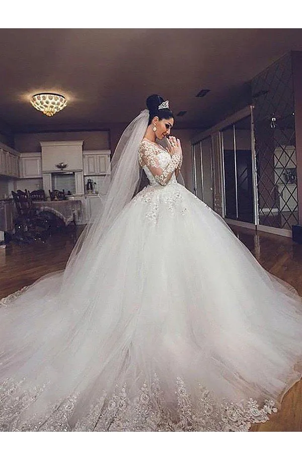 Ball Gown Long Sleeves Lace Tulle V-neck Court Train Wedding Dresses-715452