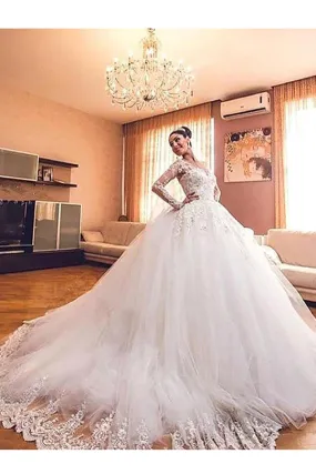 Ball Gown Long Sleeves Lace Tulle V-neck Court Train Wedding Dresses-715452