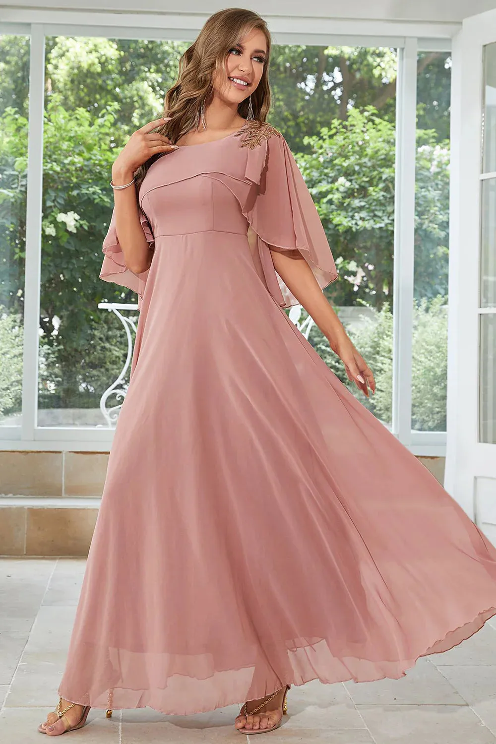 Batwing Sleeves Appliques Chiffon Long Wedding Guest Dress