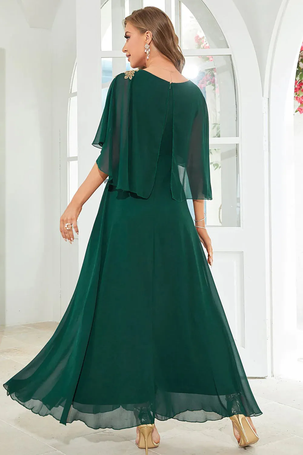 Batwing Sleeves Appliques Chiffon Long Wedding Guest Dress