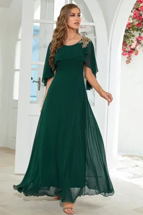 Batwing Sleeves Appliques Chiffon Long Wedding Guest Dress