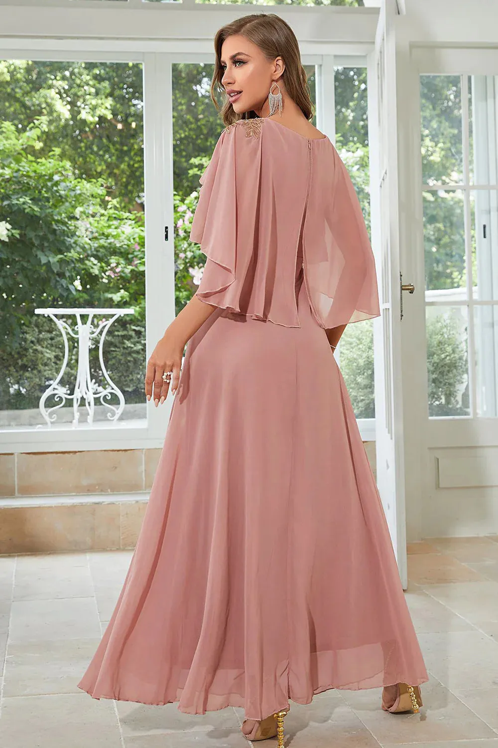 Batwing Sleeves Appliques Chiffon Long Wedding Guest Dress