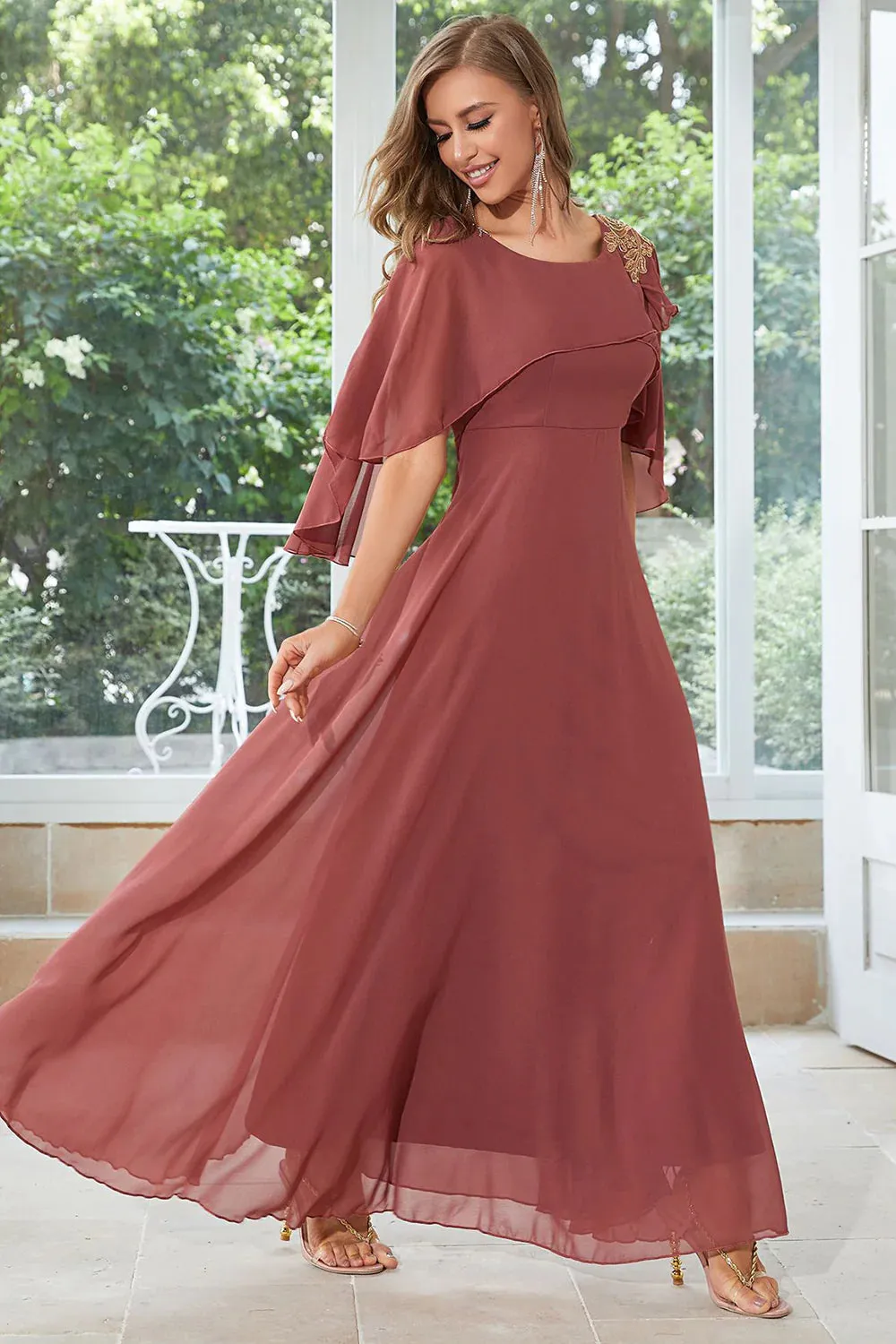 Batwing Sleeves Appliques Chiffon Long Wedding Guest Dress