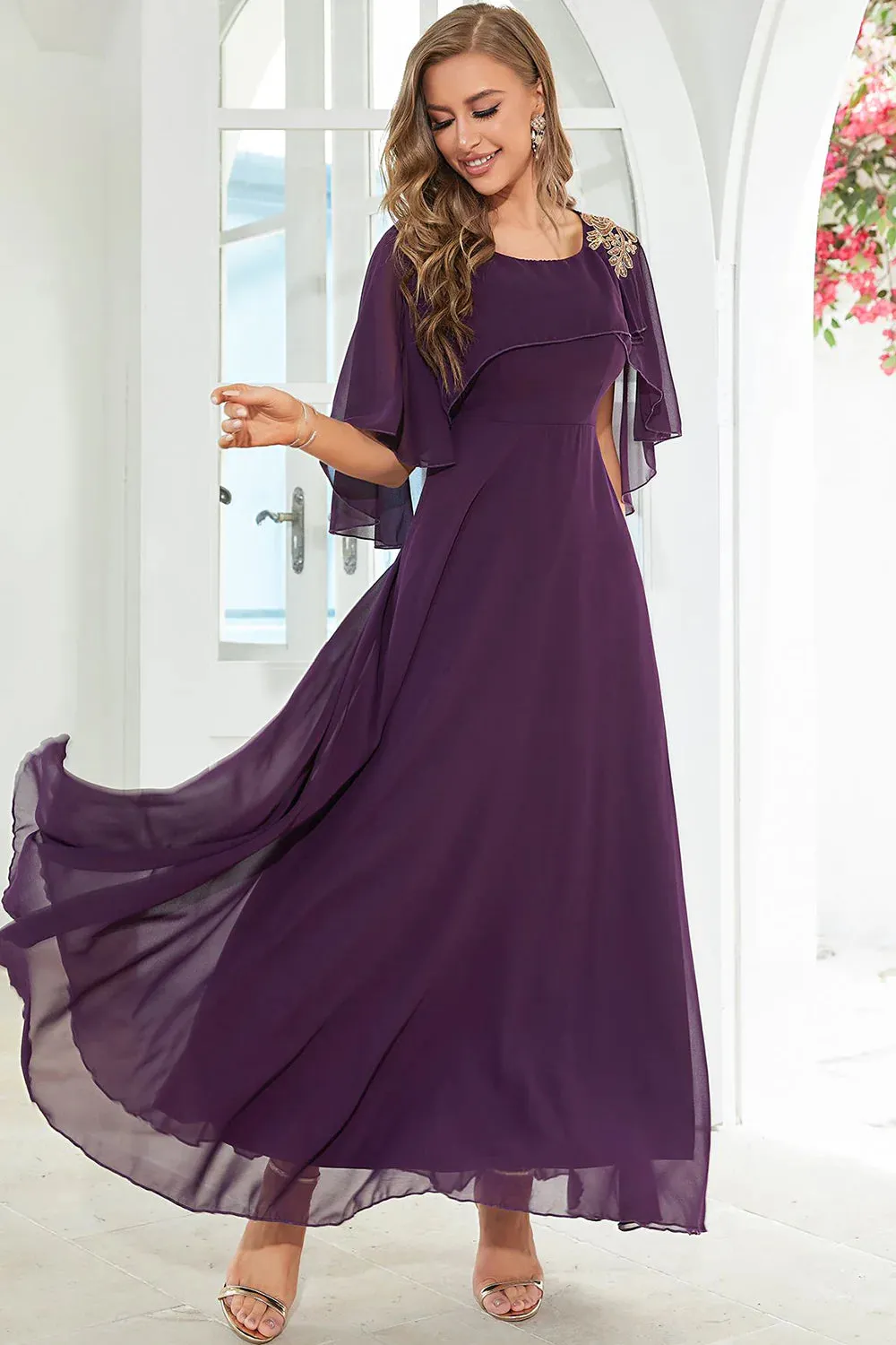 Batwing Sleeves Appliques Chiffon Long Wedding Guest Dress