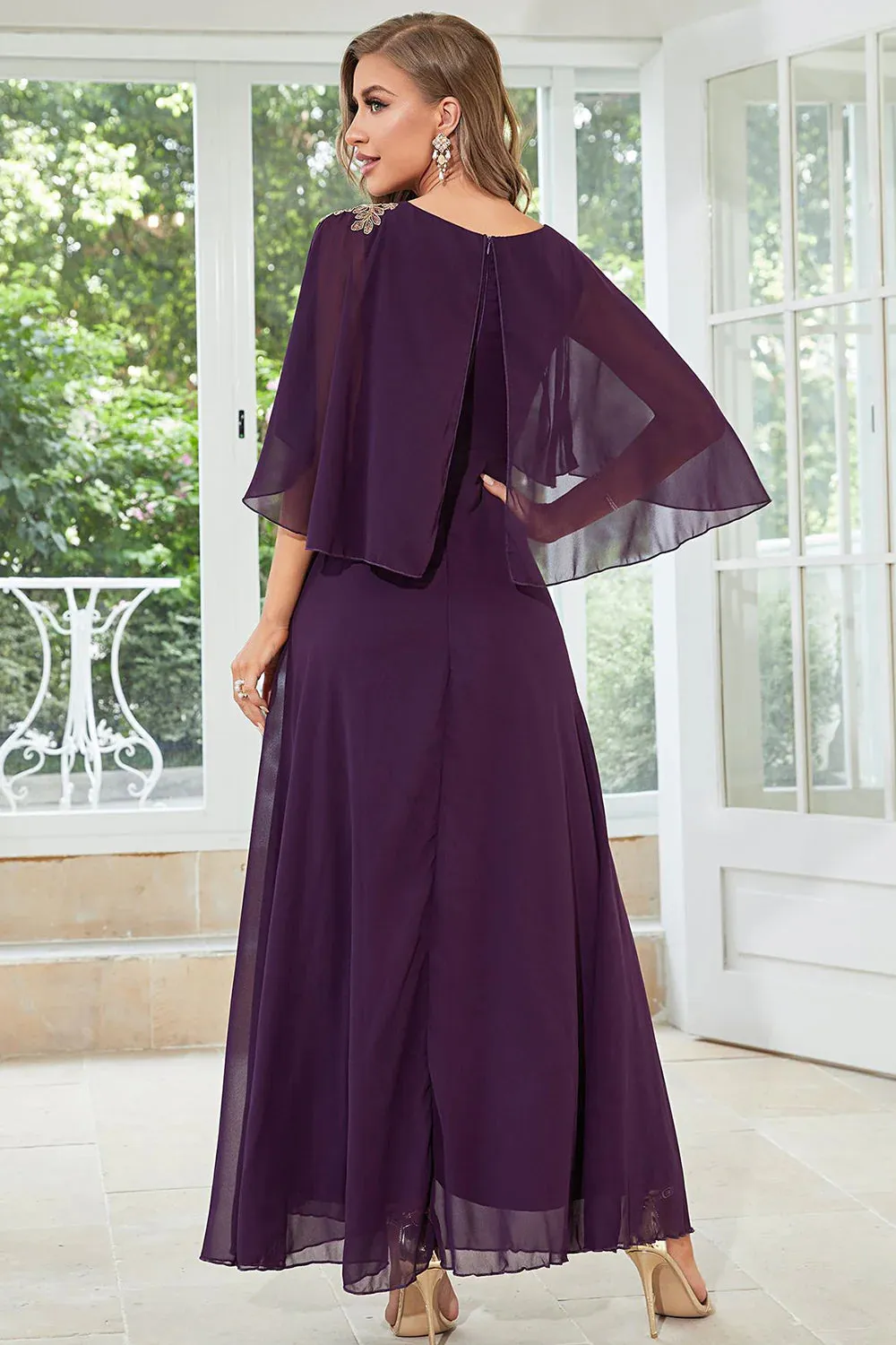 Batwing Sleeves Appliques Chiffon Long Wedding Guest Dress