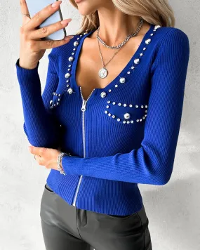 Beaded Zipper Design Knit Sweater