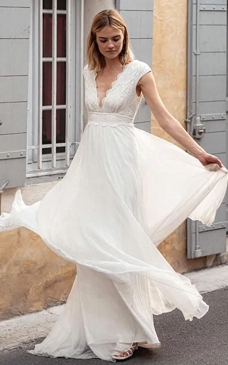 Bohemian V-neck Chiffon Lace A Line Short Cap Sleeve V Back Wedding Dress with Sweep Train-715905