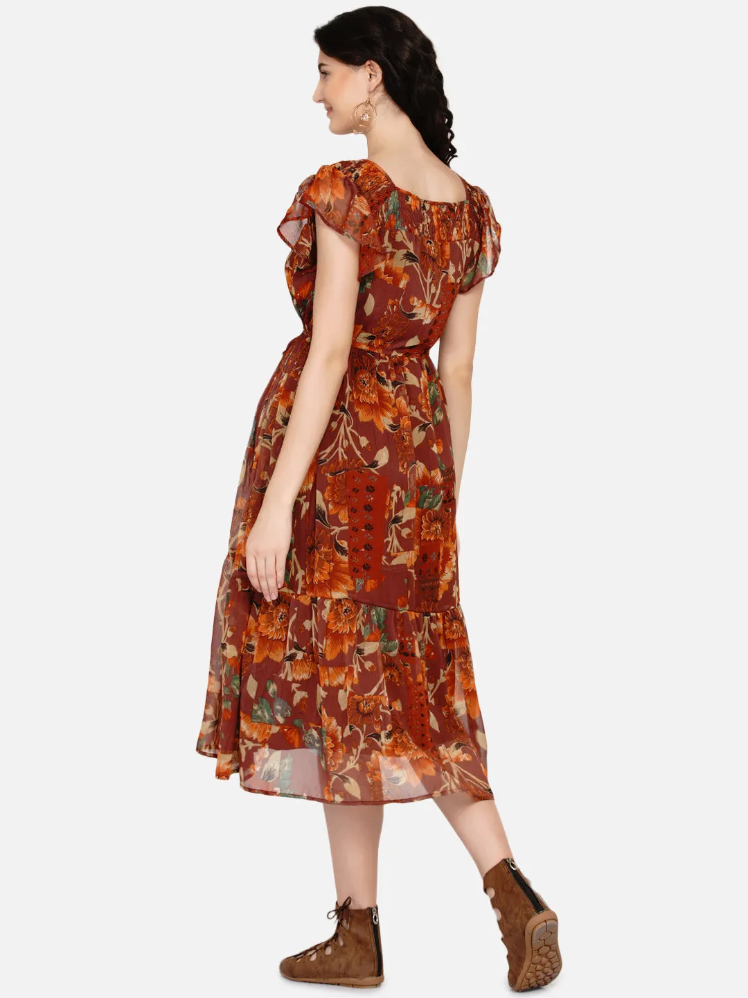 Brown Floral Print Maternity and Nursing Midi Dress