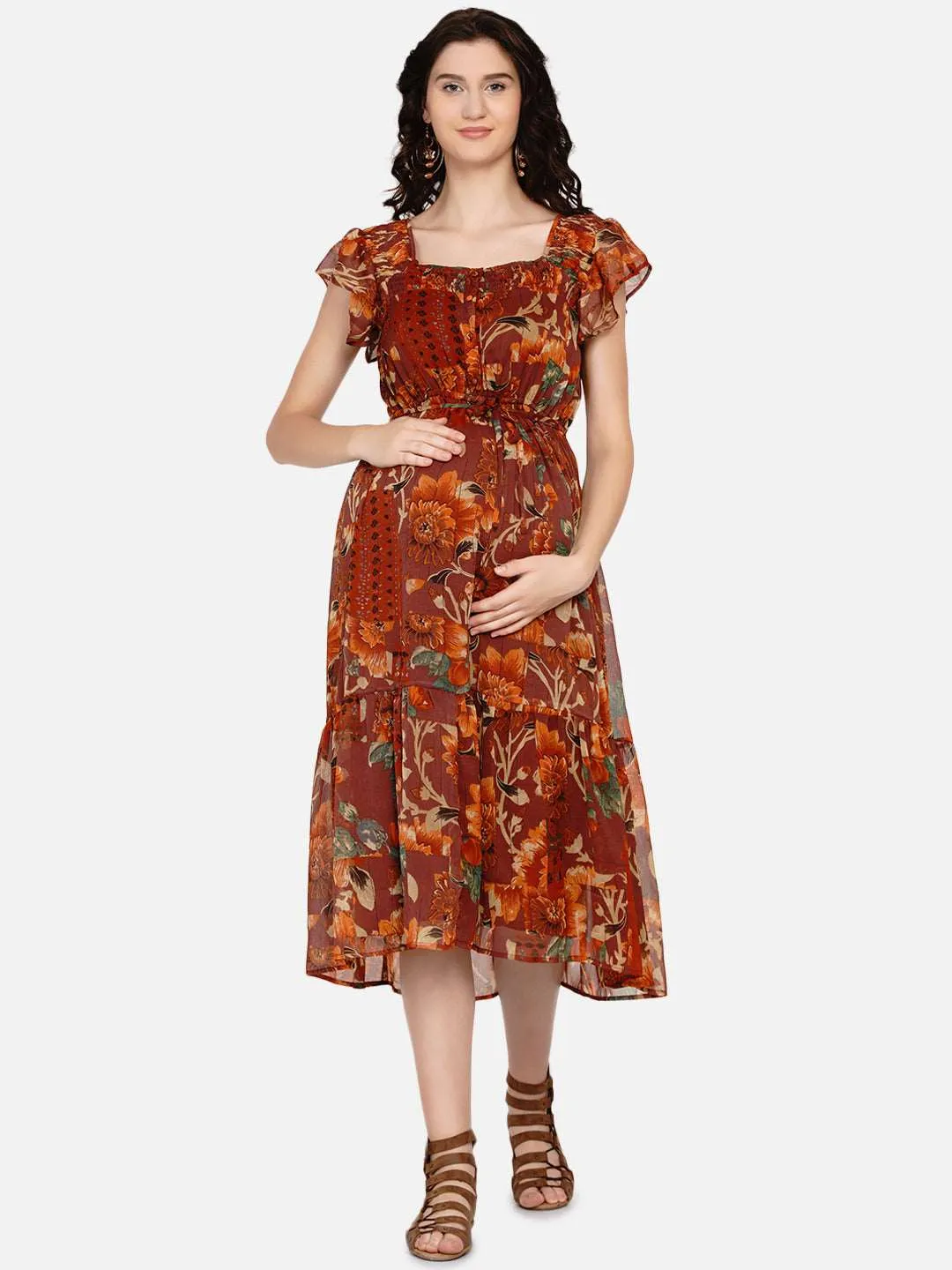 Brown Floral Print Maternity and Nursing Midi Dress