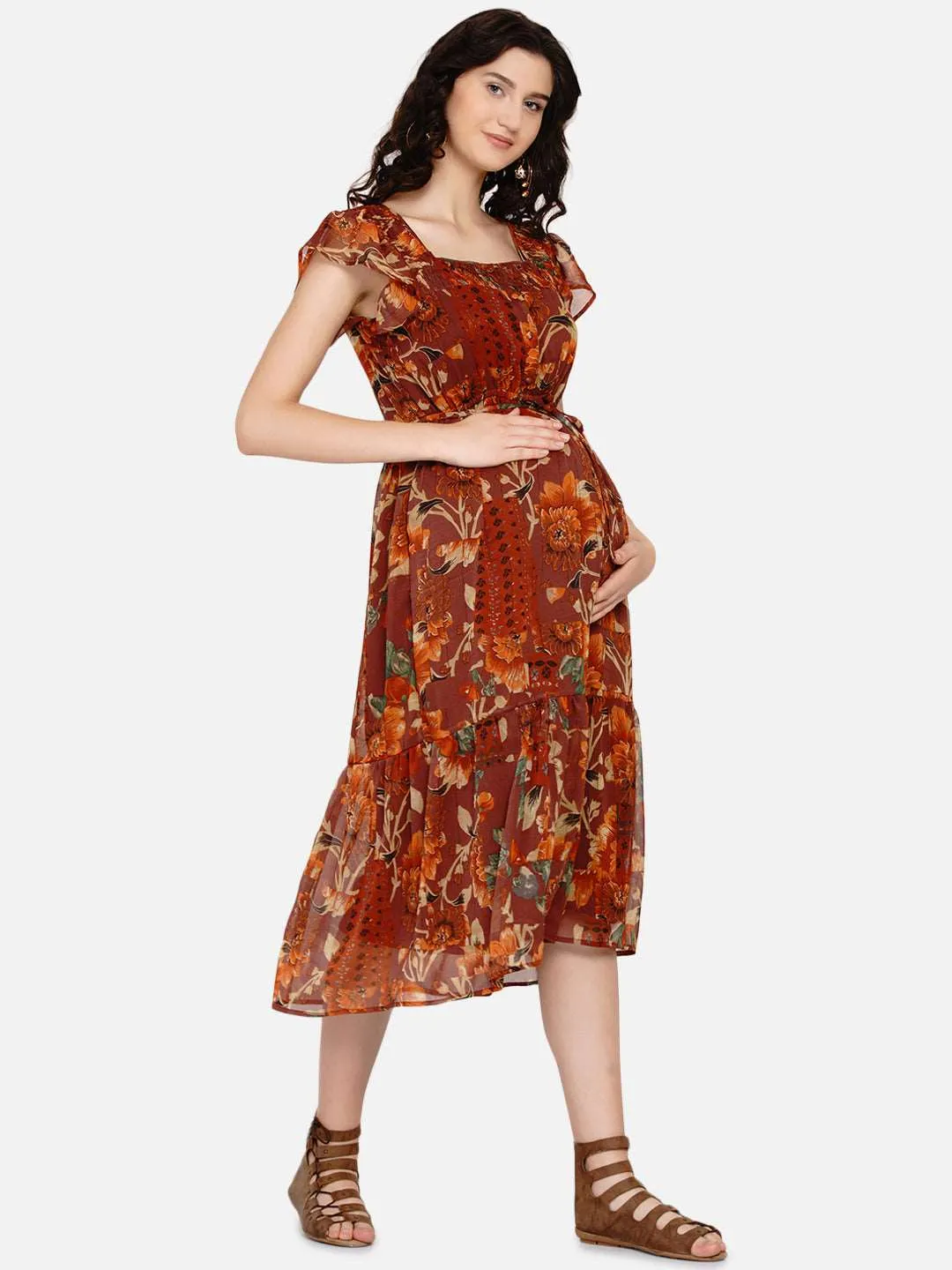 Brown Floral Print Maternity and Nursing Midi Dress