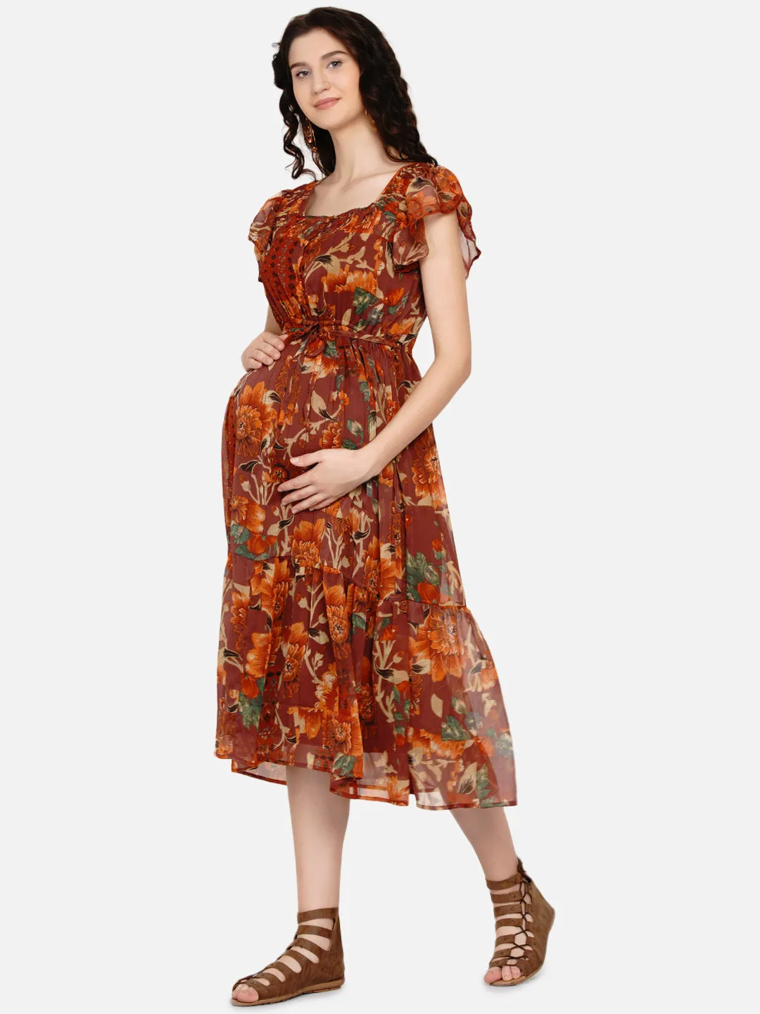 Brown Floral Print Maternity and Nursing Midi Dress