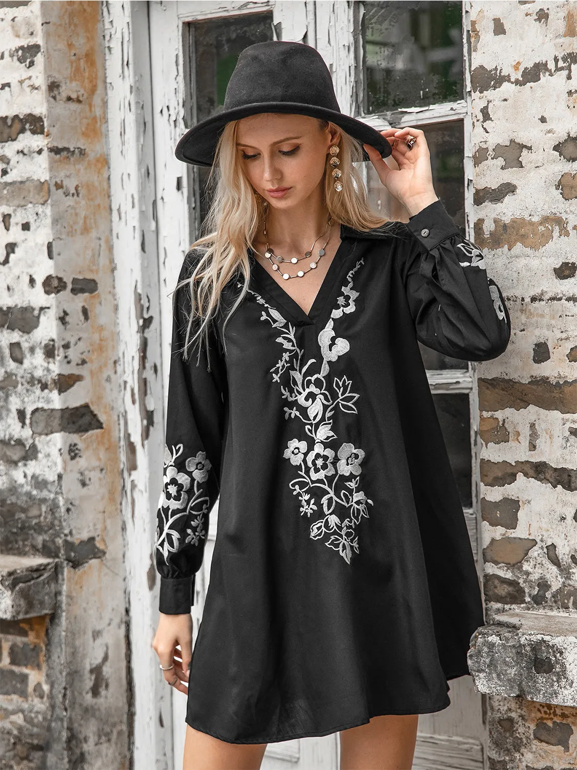 Chic Floral Collared Neck Long Sleeve Dress: Perfect Summer Beach Wedding Attire for Women