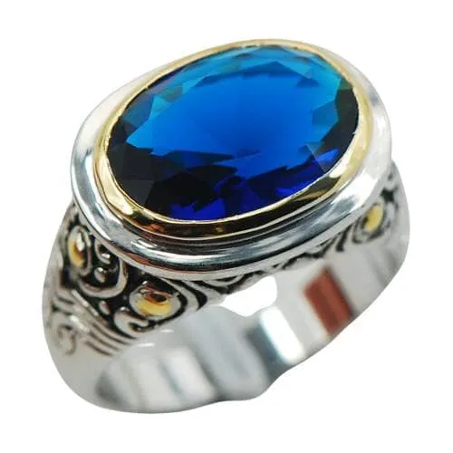 Classic Roman Blue Sapphire Crystal Zircon Ring - 925 Sterling Silver