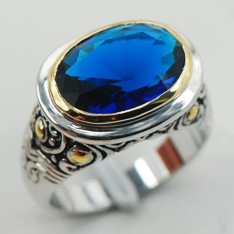 Classic Roman Blue Sapphire Crystal Zircon Ring - 925 Sterling Silver