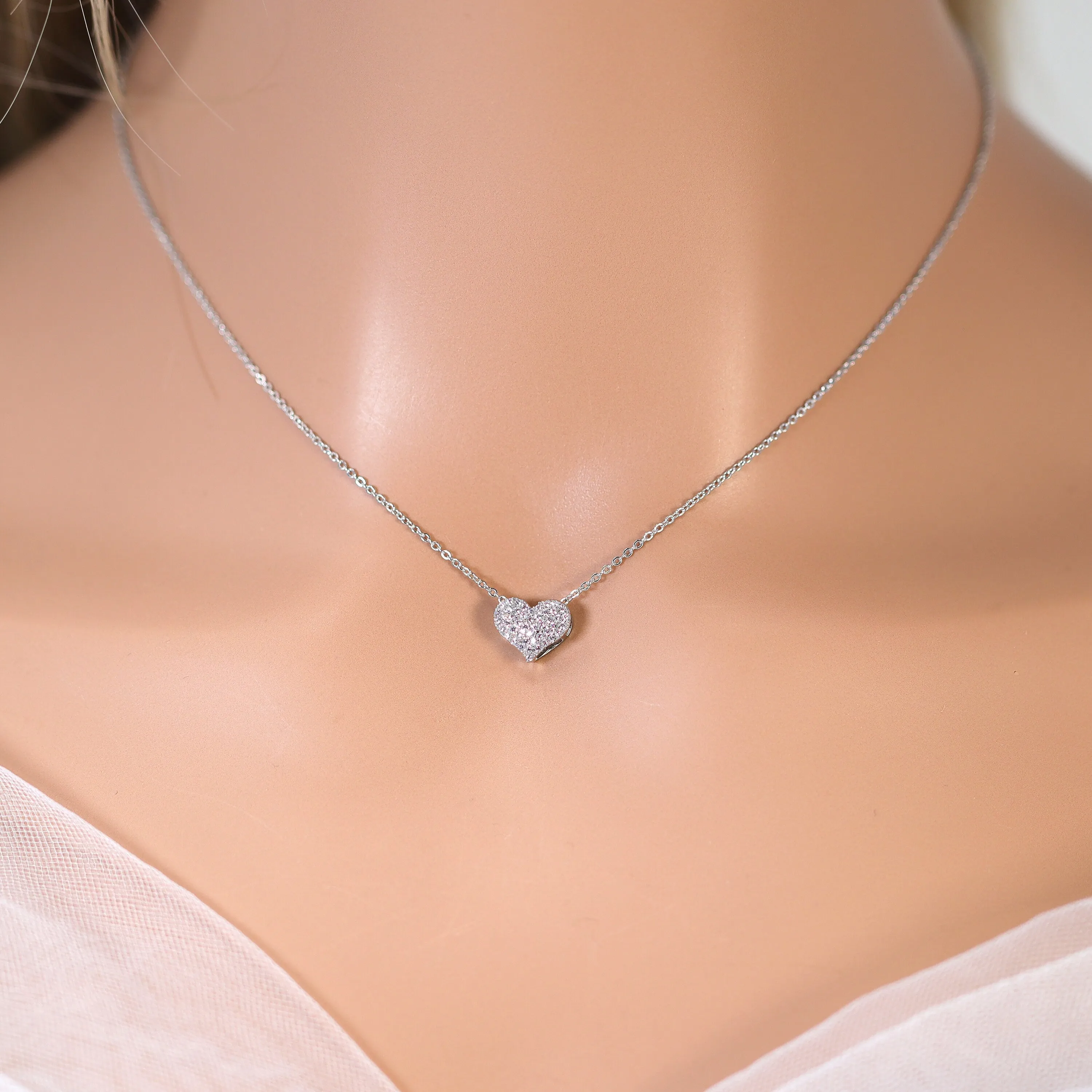 CZ Dainty Shimmering Heart Necklace , Wedding Necklace, Bride to be, Valentine's Day Gift For Her, Galentine's Day,  Statement Necklace Cz