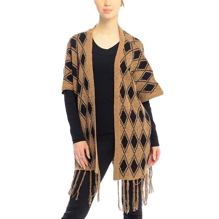 Diamond Pattern Fringe Trim Poncho shawl