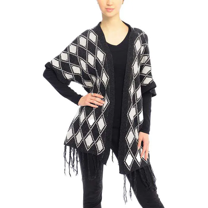 Diamond Pattern Fringe Trim Poncho shawl