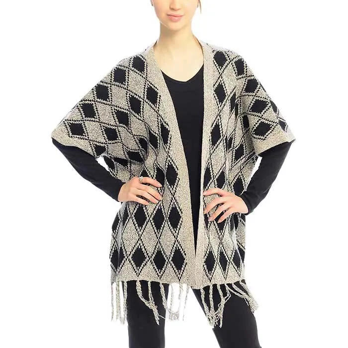 Diamond Pattern Fringe Trim Poncho shawl