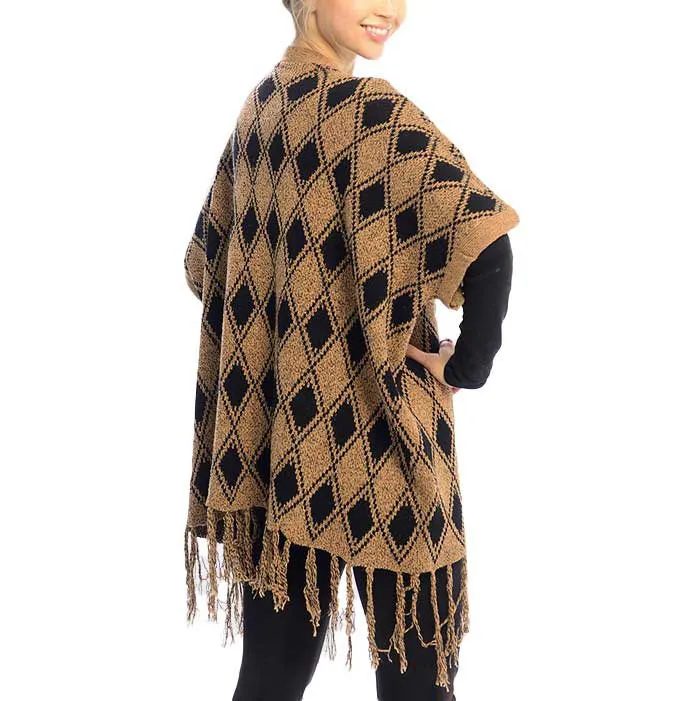 Diamond Pattern Fringe Trim Poncho shawl