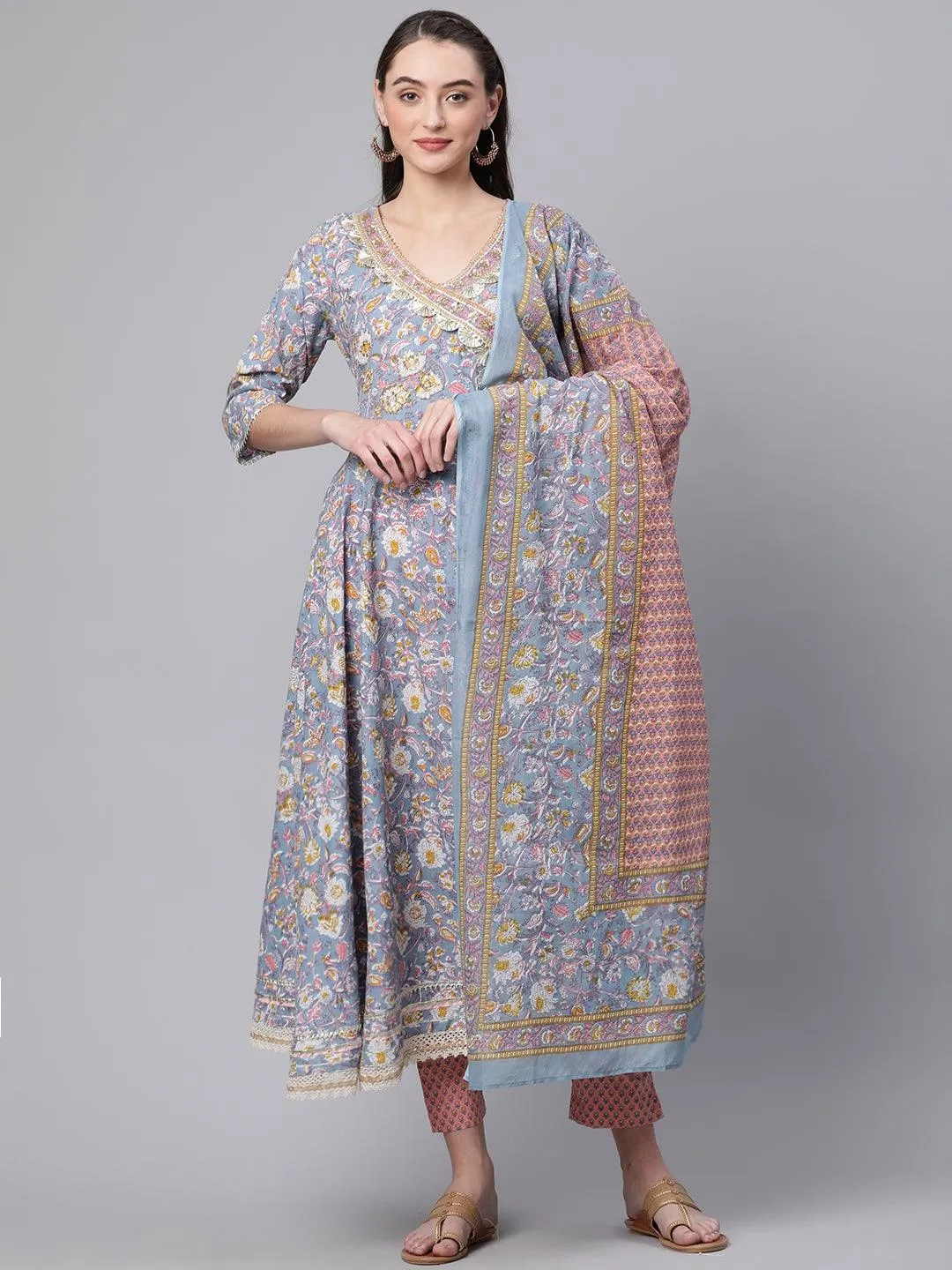 Divena Cotton Floral printed Anarkali kurta Pant set With Dupatta