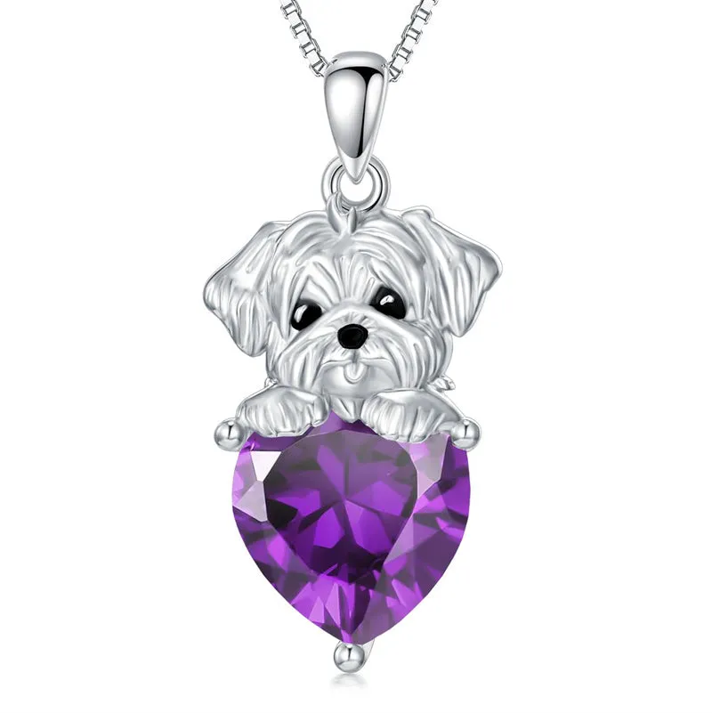 Dog Pendant Necklace with Synthetic Birthstone Silver Dog Necklace Gift for Women Girl