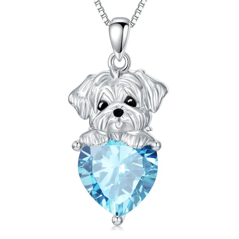 Dog Pendant Necklace with Synthetic Birthstone Silver Dog Necklace Gift for Women Girl