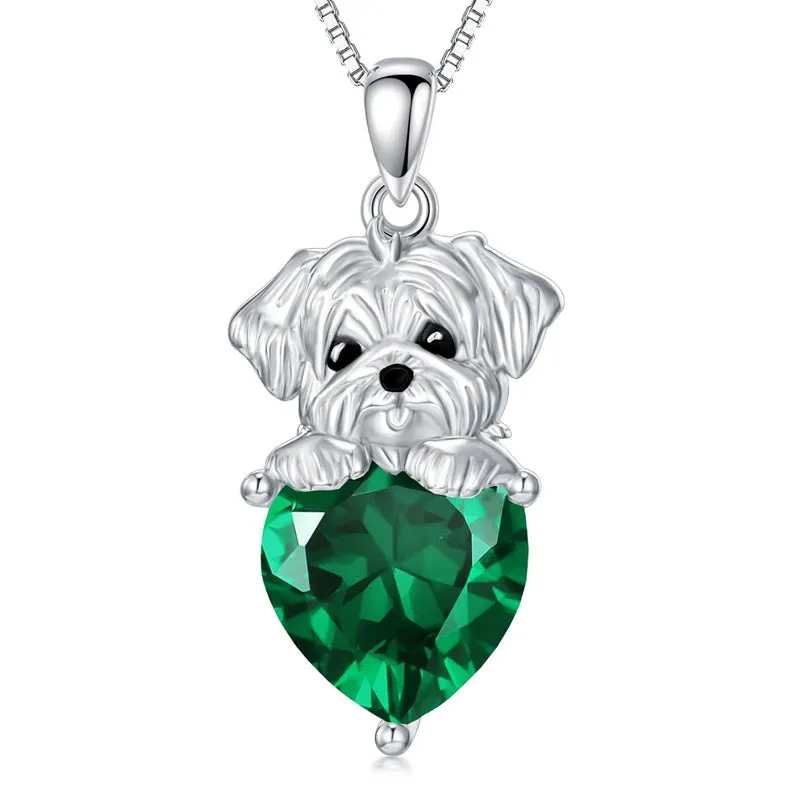 Dog Pendant Necklace with Synthetic Birthstone Silver Dog Necklace Gift for Women Girl