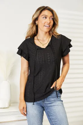 Double Take Eyelet Tie-Neck Flutter Sleeve Blouse