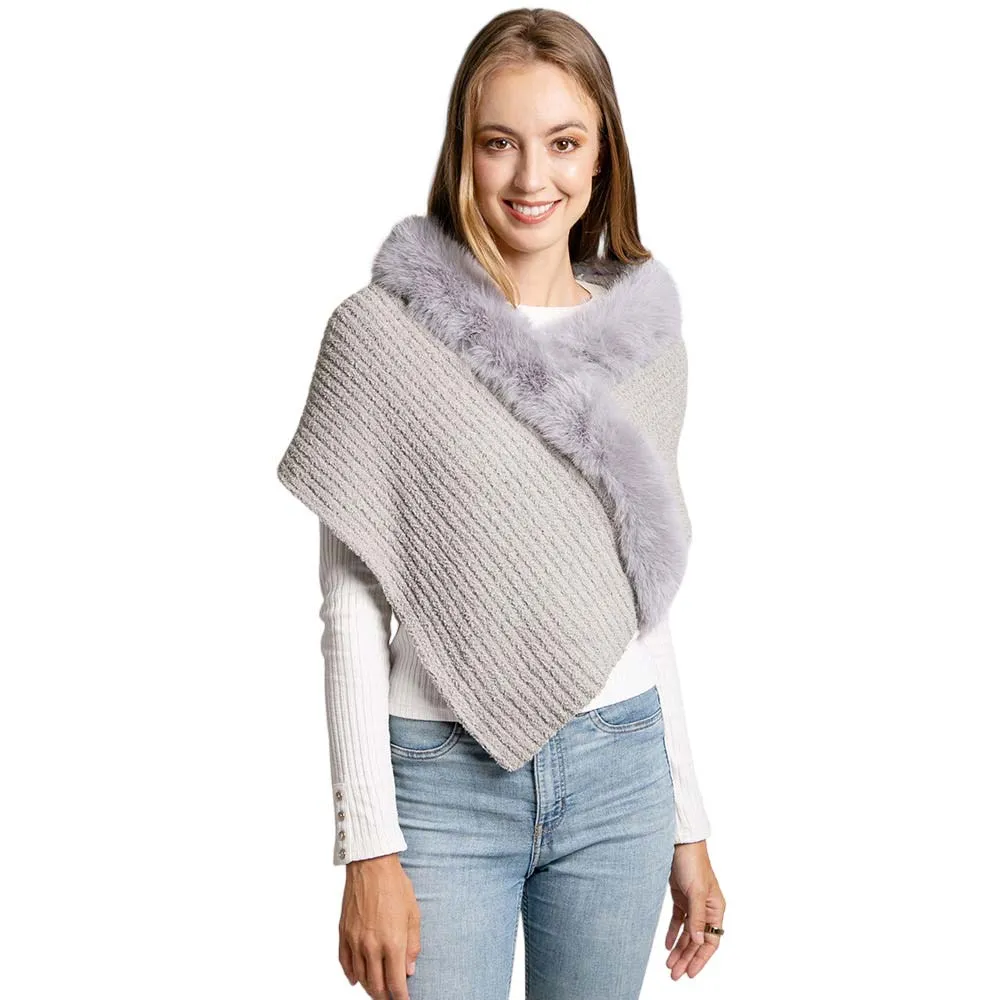 Faux Fur Pointed Solid Ribbed Shawl