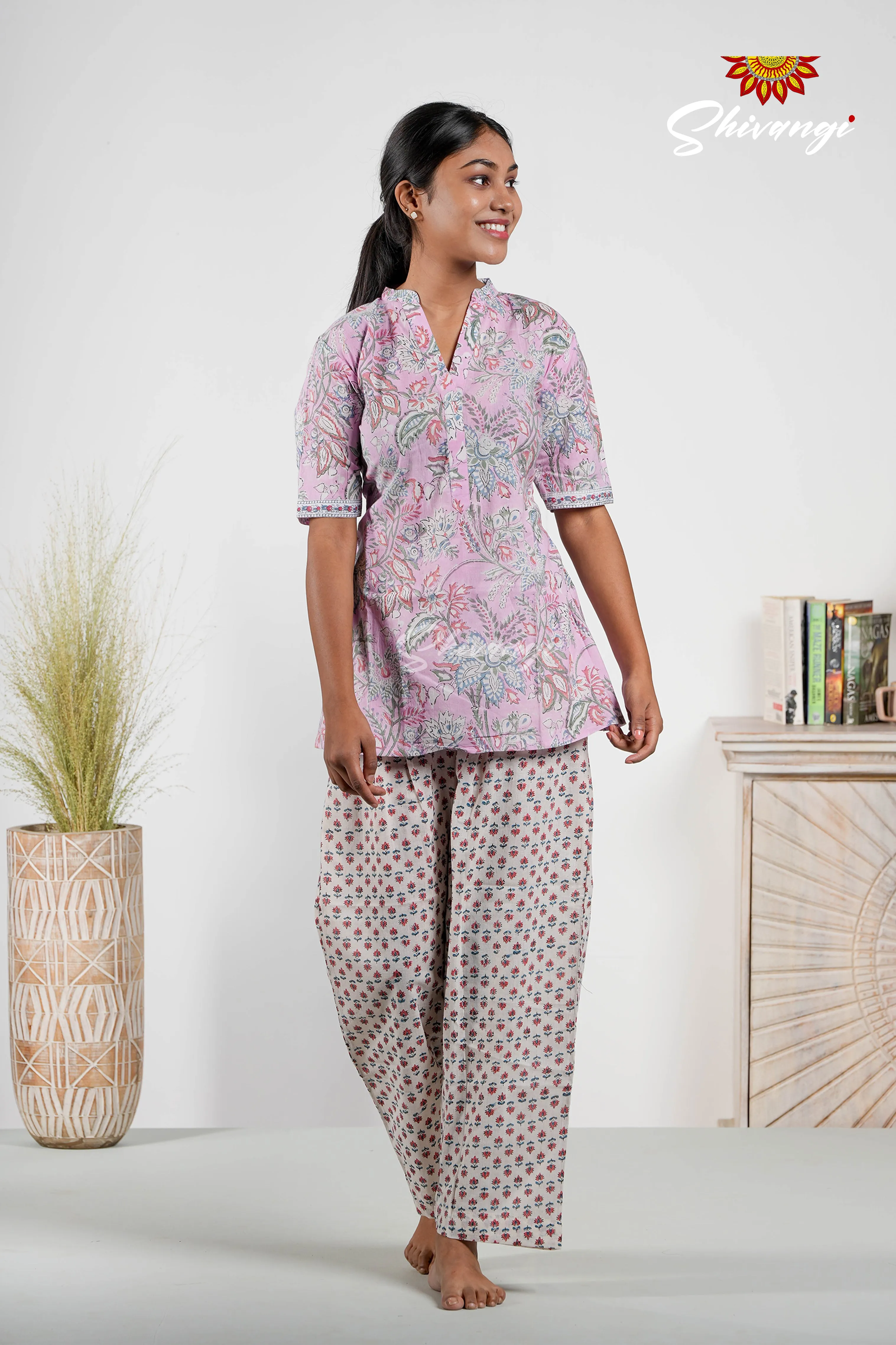 Floral Print Cotton Night Wear Set For Women Purple !!!