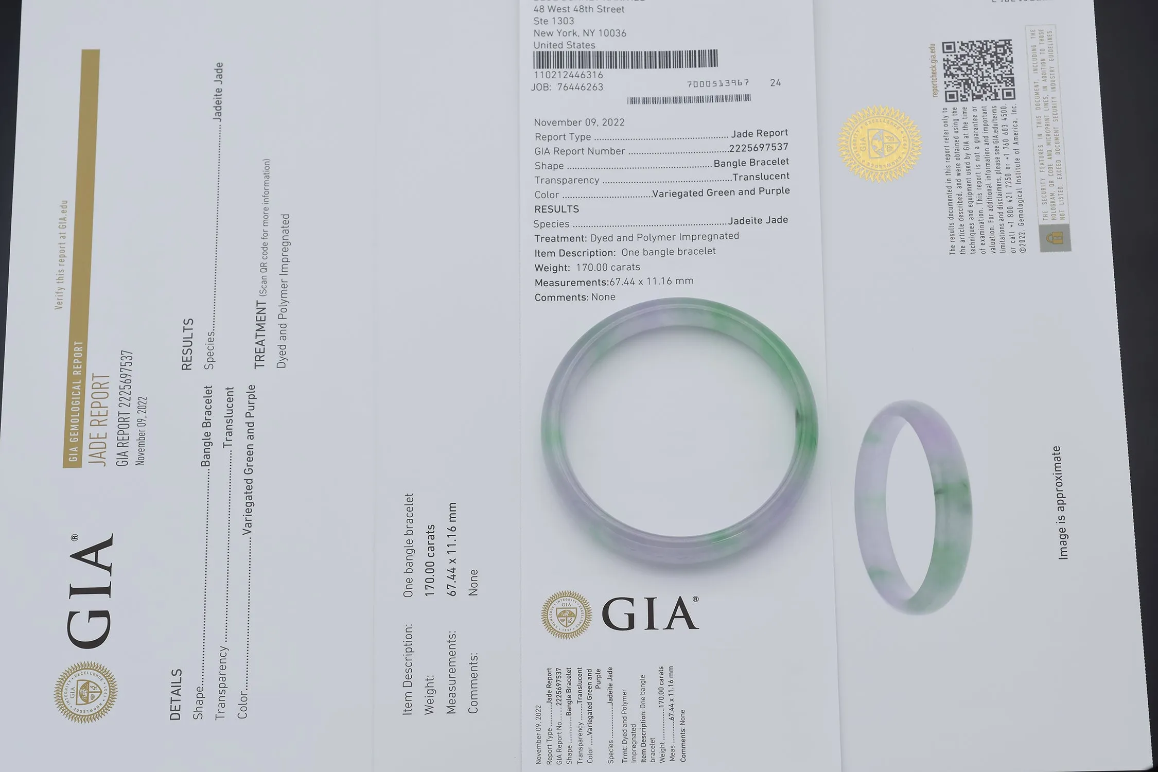 GIA Cert Translucent Variegated Green & Purple Jadeite Jade Bangle Bracelet