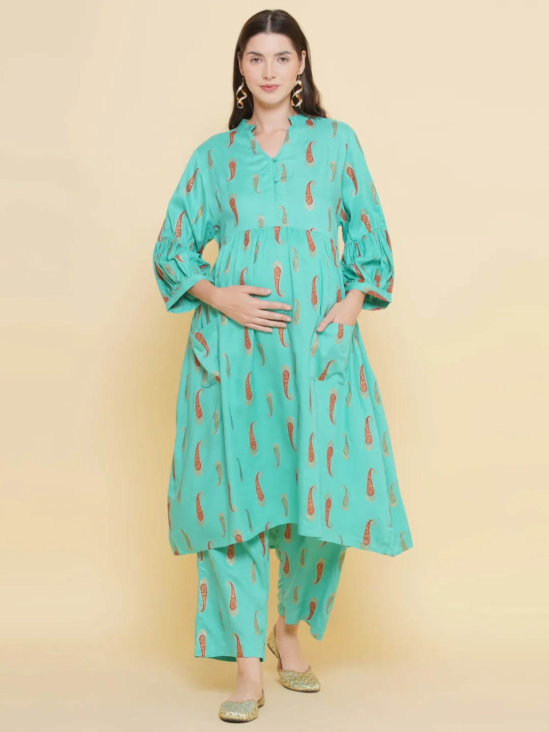 Green Color Shirt Collar Maternity & Nursing Kurta Set