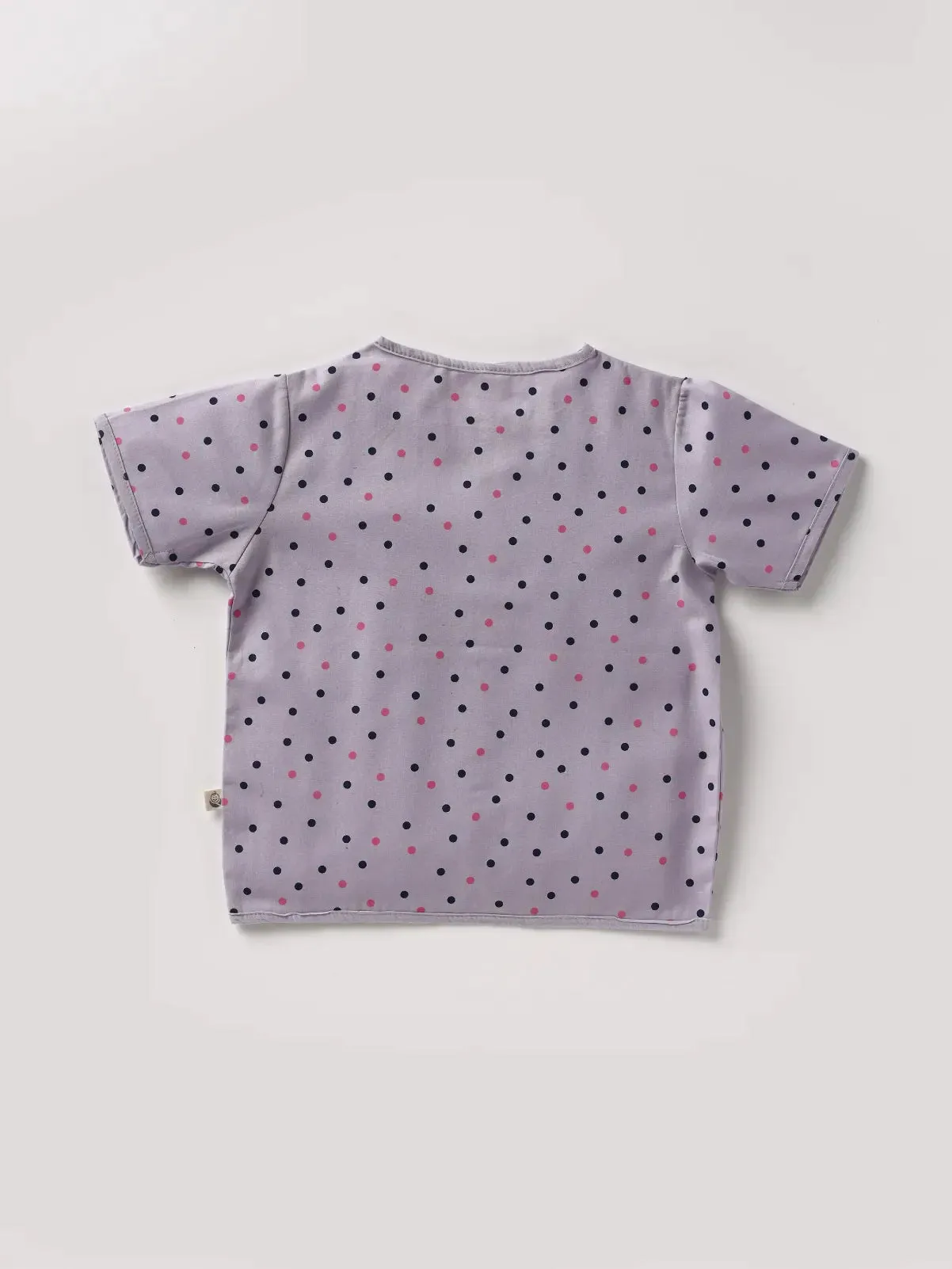 Half sleeve black & pink dot pattern in lavender shade aop woven set for baby girls