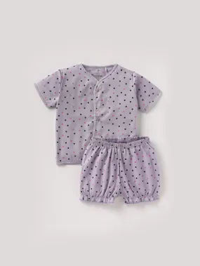 Half sleeve black & pink dot pattern in lavender shade aop woven set for baby girls