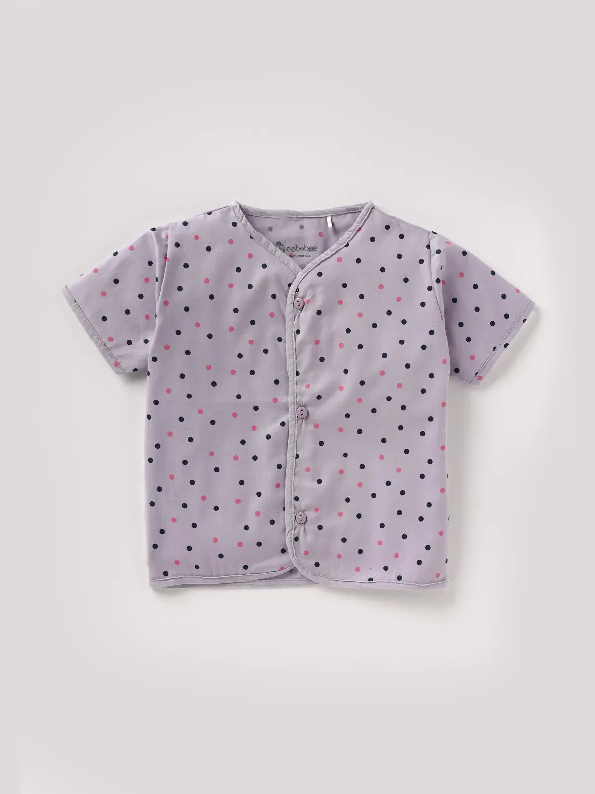 Half sleeve black & pink dot pattern in lavender shade aop woven set for baby girls