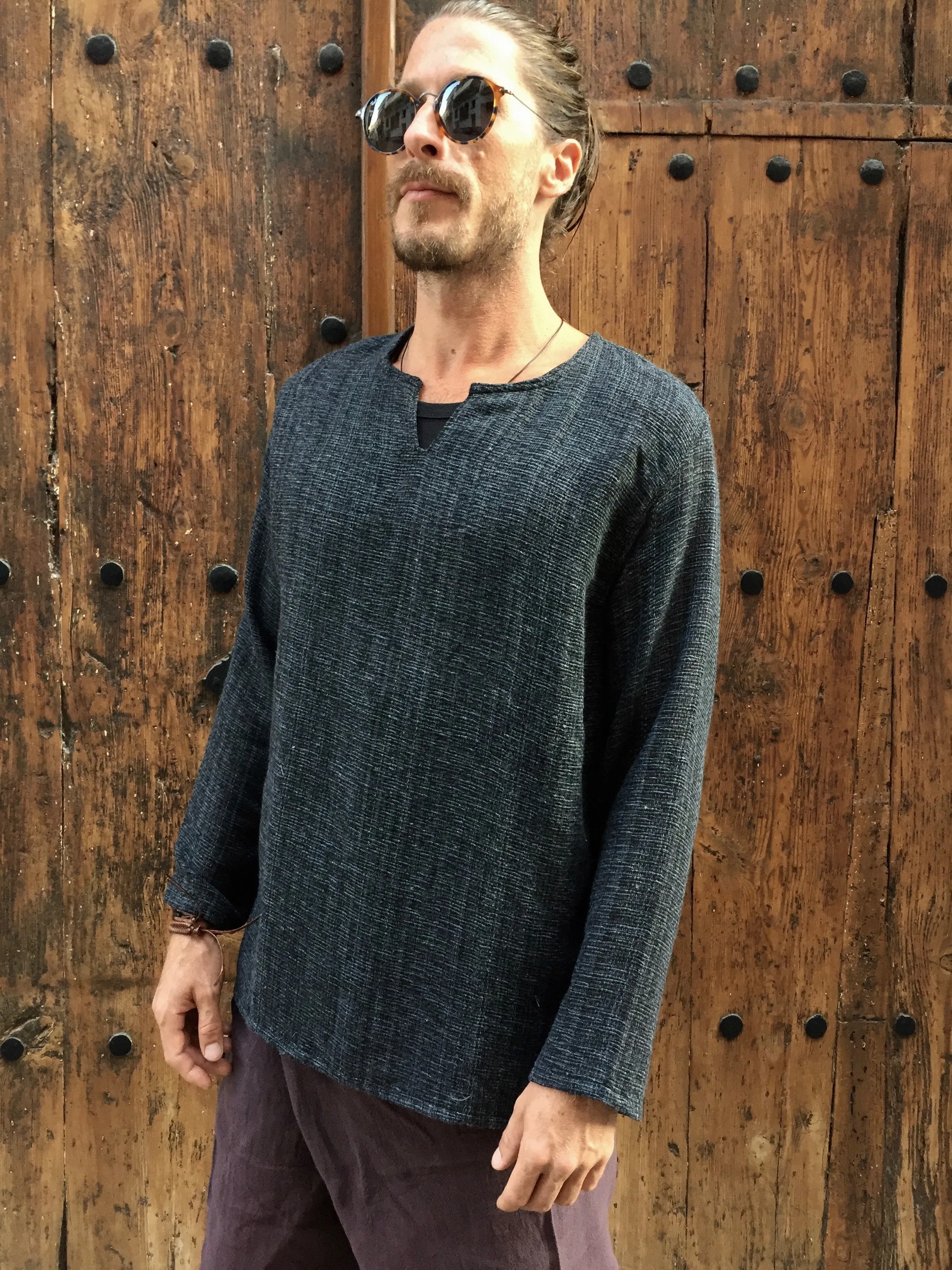 Hand Woven Long Sleeve Kurta Top Dark Grey