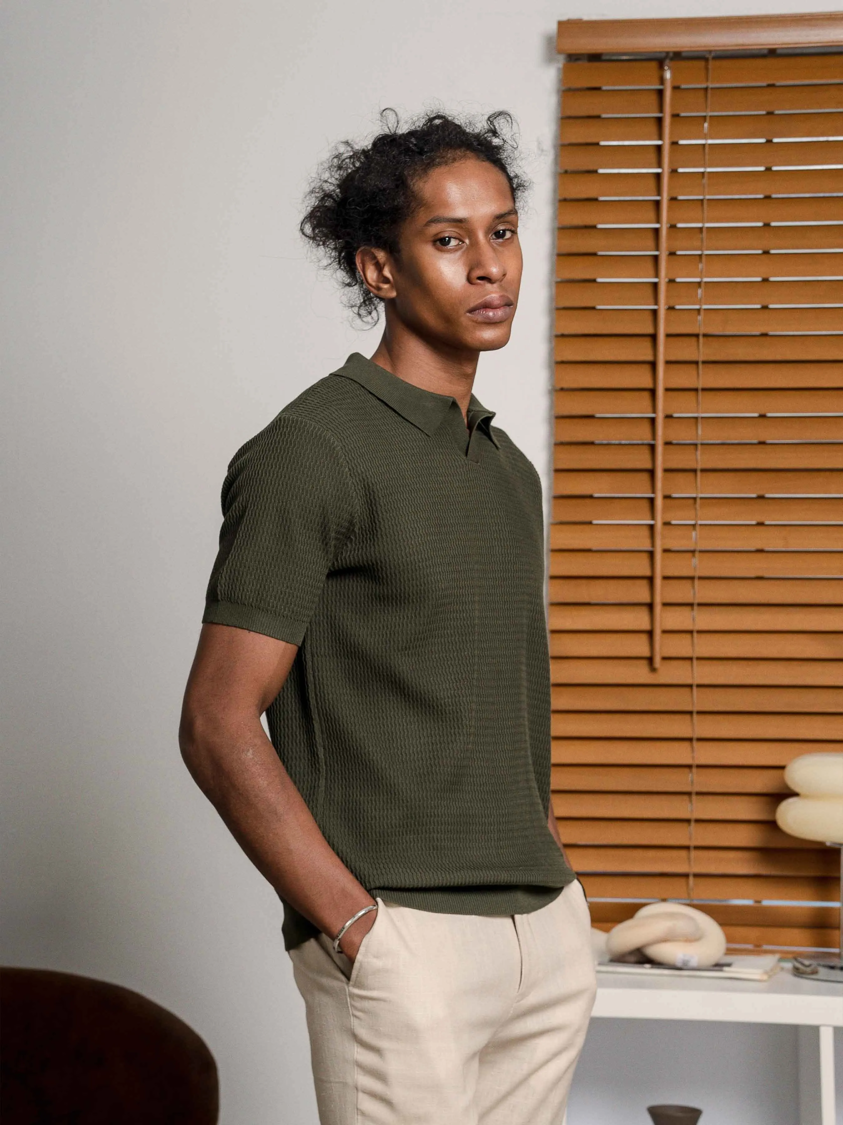 Henri Knit Polo Tee - Olive Green Open Collar