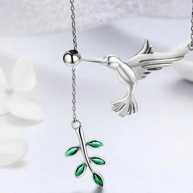 Hummingbird and Olive Branch 925 Sterling Silver Fashion Pendant Necklace