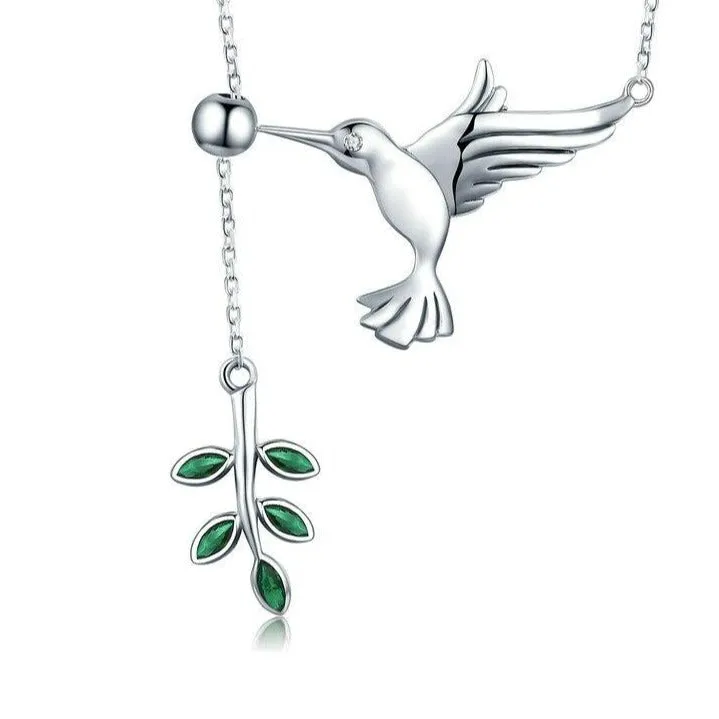 Hummingbird and Olive Branch 925 Sterling Silver Fashion Pendant Necklace