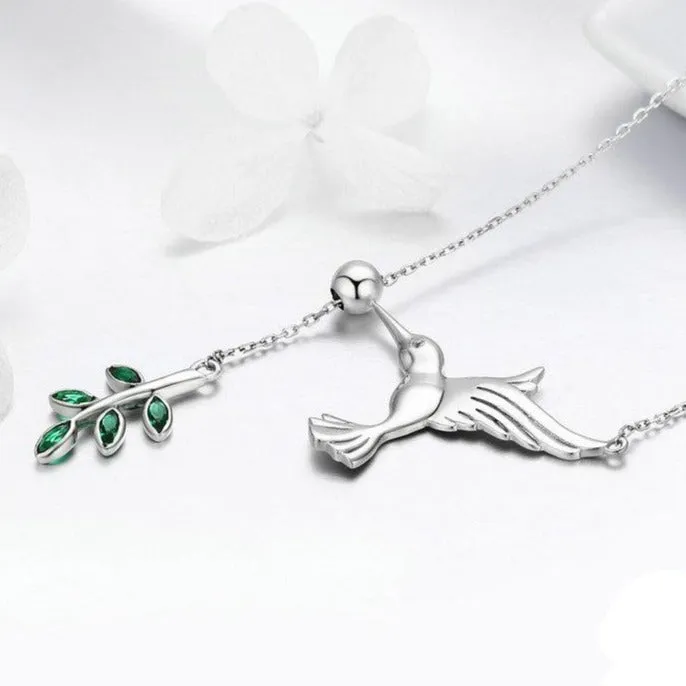 Hummingbird and Olive Branch 925 Sterling Silver Fashion Pendant Necklace