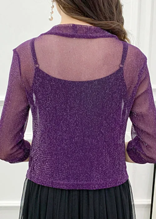 Loose Purple V Neck Bright Silk Tulle Cardigans Summer AS1025